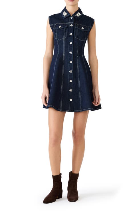 Carmelia Faux Pearl & Rhinestone Detail Denim Minidress