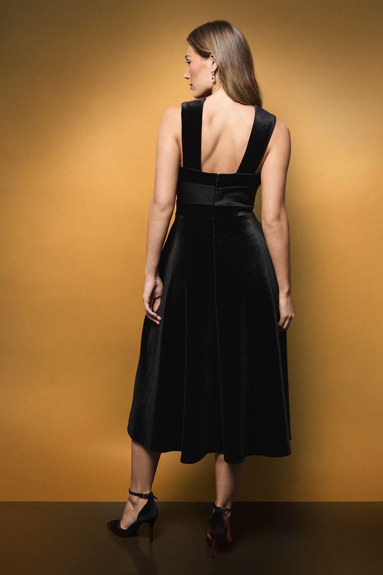 Cross Neck Bow Velvet Midi Dress, Alternate, color, Black