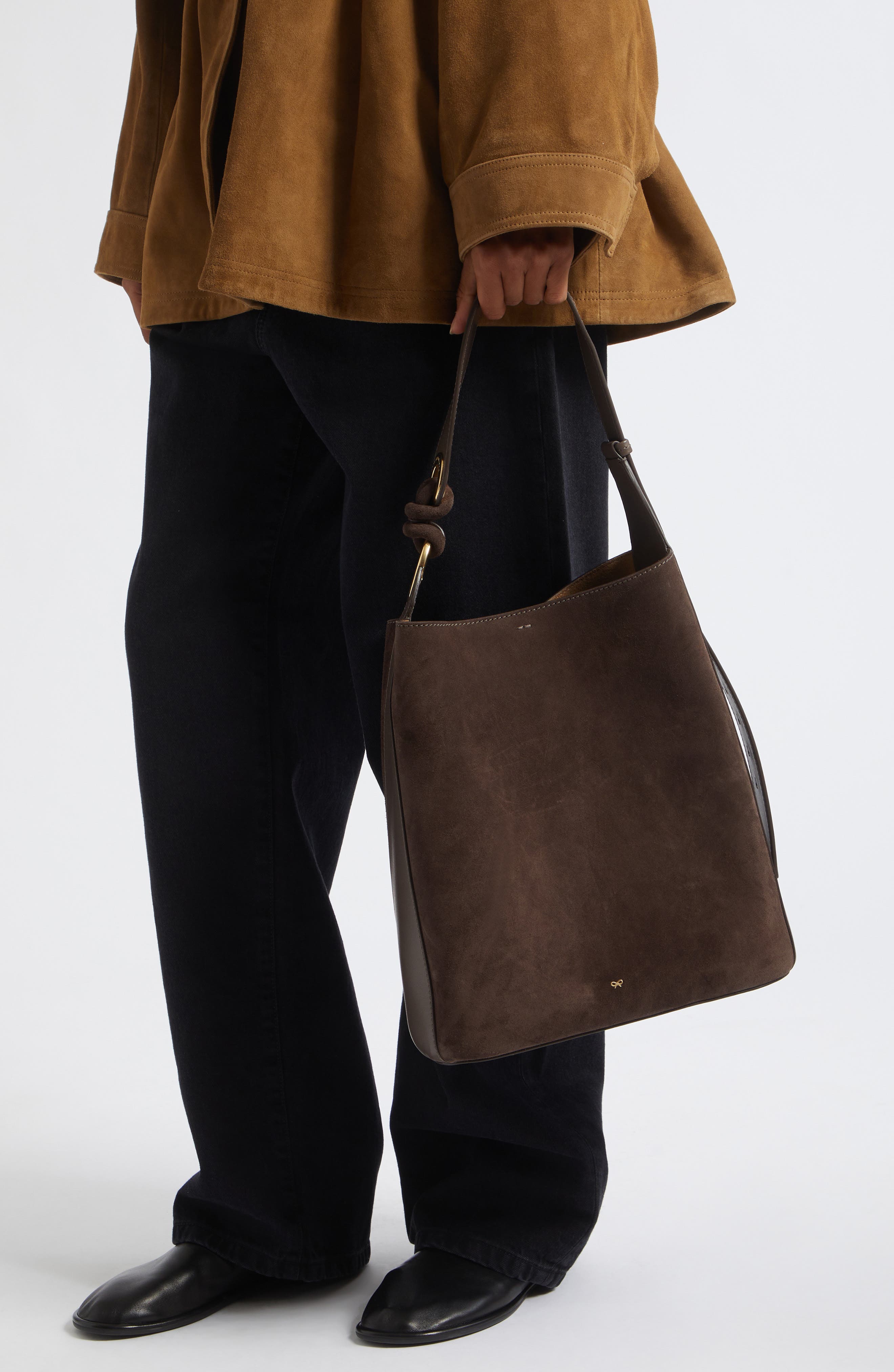 Ringo Suede North/South Shoulder Bag, Alternate, color, TRUFFLE