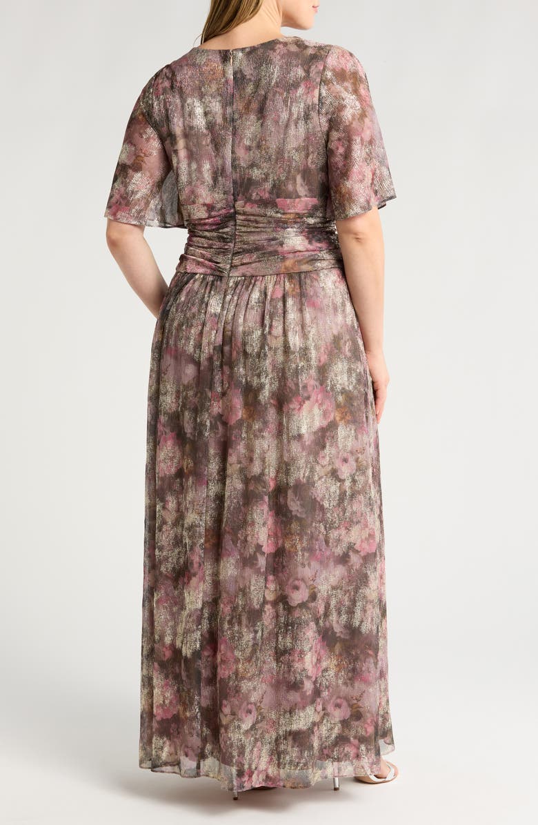 SL FASHIONS Floral Metallic Faux Wrap Maxi Dress, Alternate, color, Taupe Multi