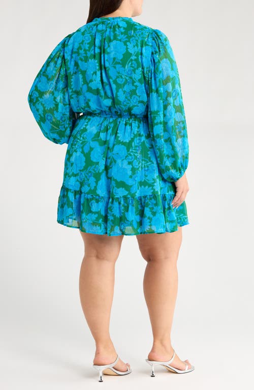 Sugarlips Amren Floral Long Sleeve Metallic Georgette Minidress In Blue