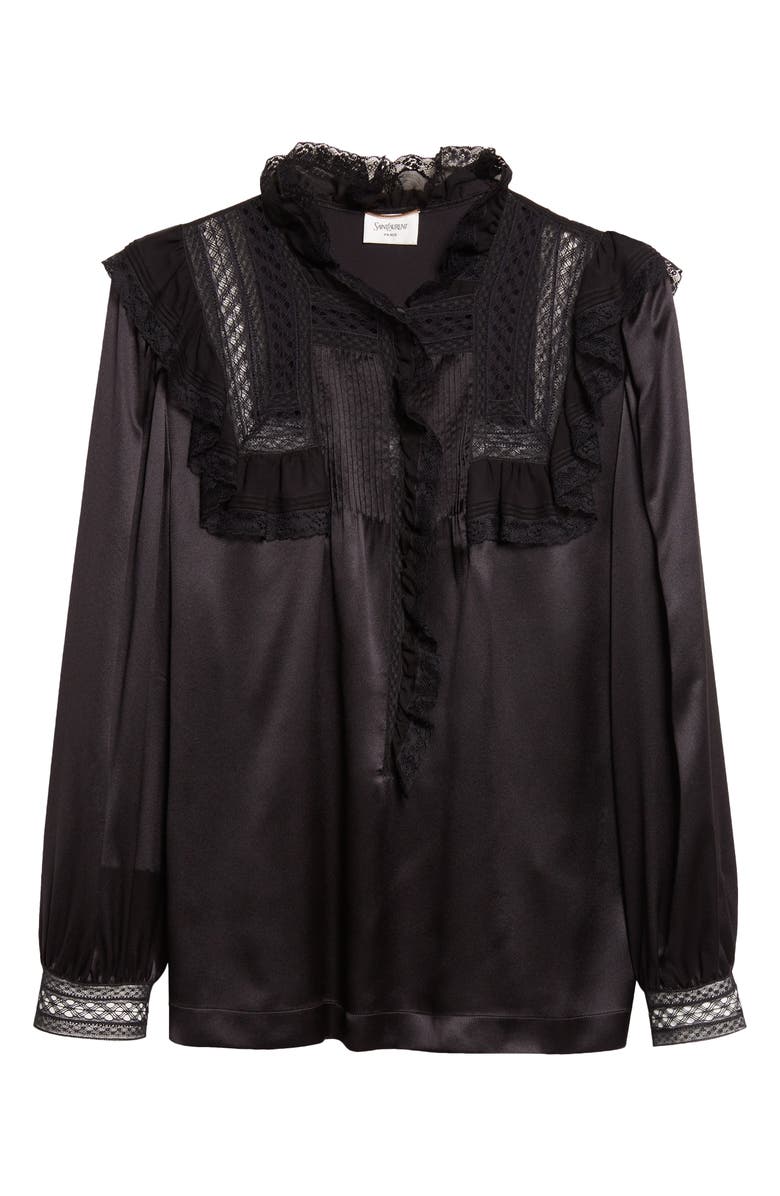 Saint Laurent Lace Trim Silk Charmeuse Top, Main, color, Nero