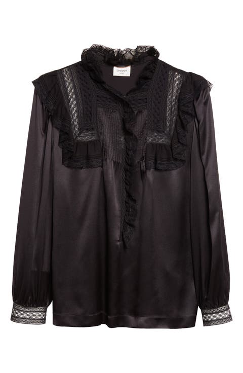 Lace Trim Silk Charmeuse Top