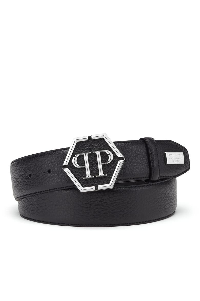 Leather Belt Hexagon Men, Main, color, black