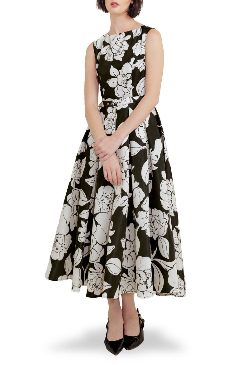 Print Belted Sleeveless Maxi Dress, Main, color, BLACK