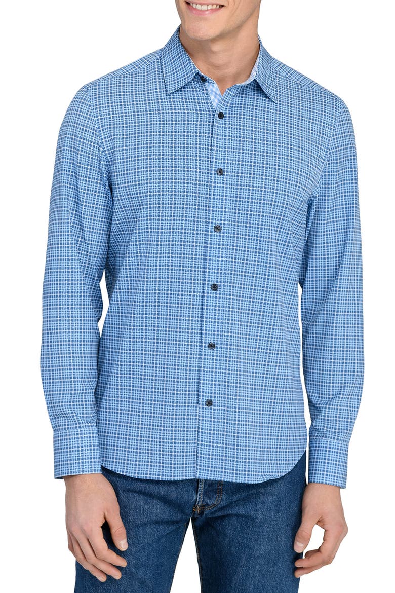 Houndstooth Plaid Stretch Button-Up Shirt, Main, color, LIGHT BLUE/ NAVY
