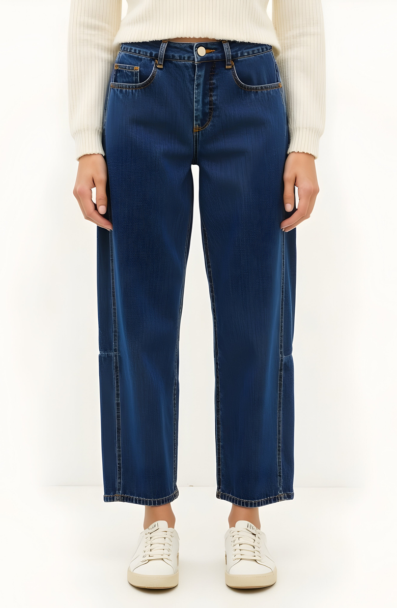 Modenaire Barrel Leg Denim Pants with Contrast Seams, High Waist and Pockets, Main, color, Dark Blue