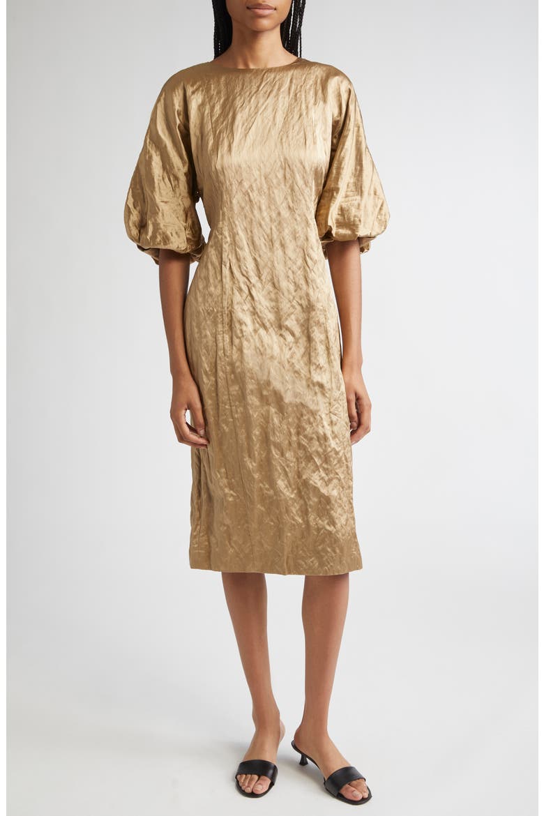 Balloon Sleeve Satin Midi Dress, Main, color, CLAY