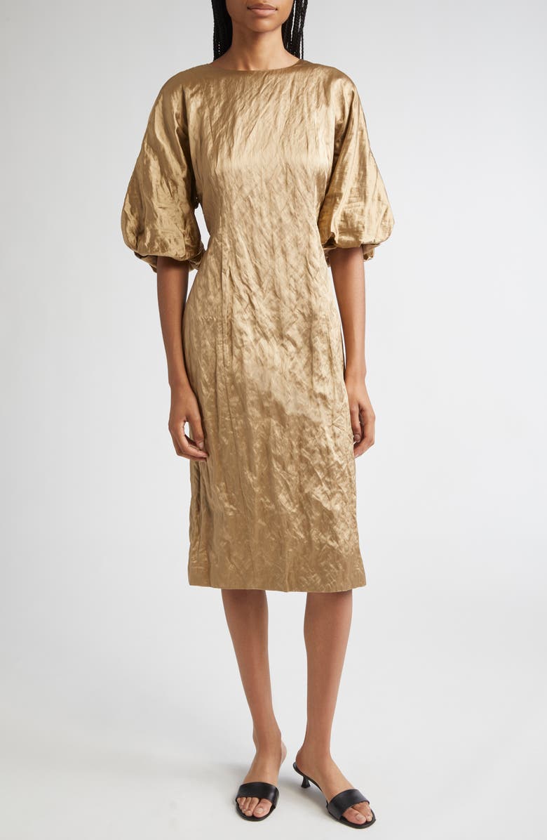 Lafayette 148 New York Balloon Sleeve Satin Midi Dress, Main, color, Clay