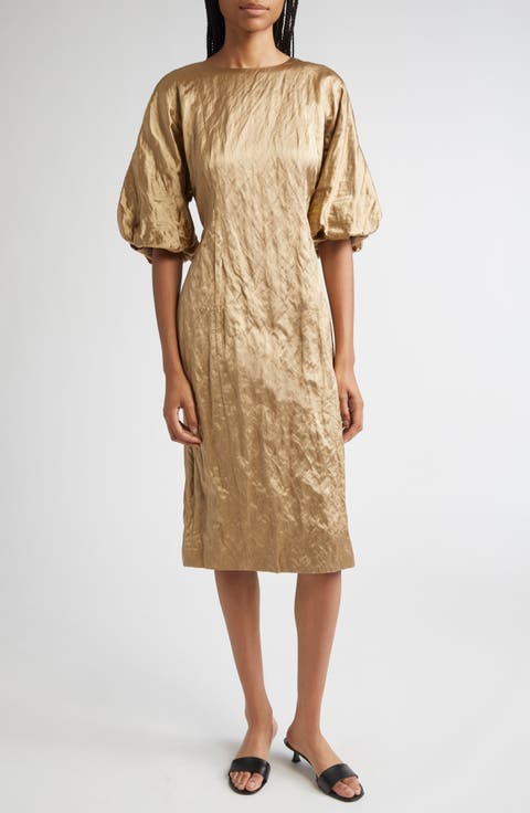 Balloon Sleeve Satin Midi Dress