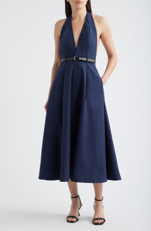 Plunge Halter Neck Belted Midi Dress