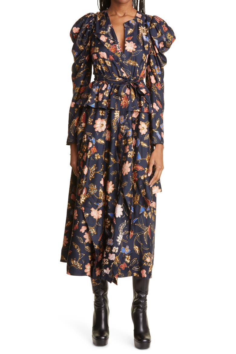 Virginia Floral Print Long Sleeve Silk Midi Dress, Main, color, ODESSA