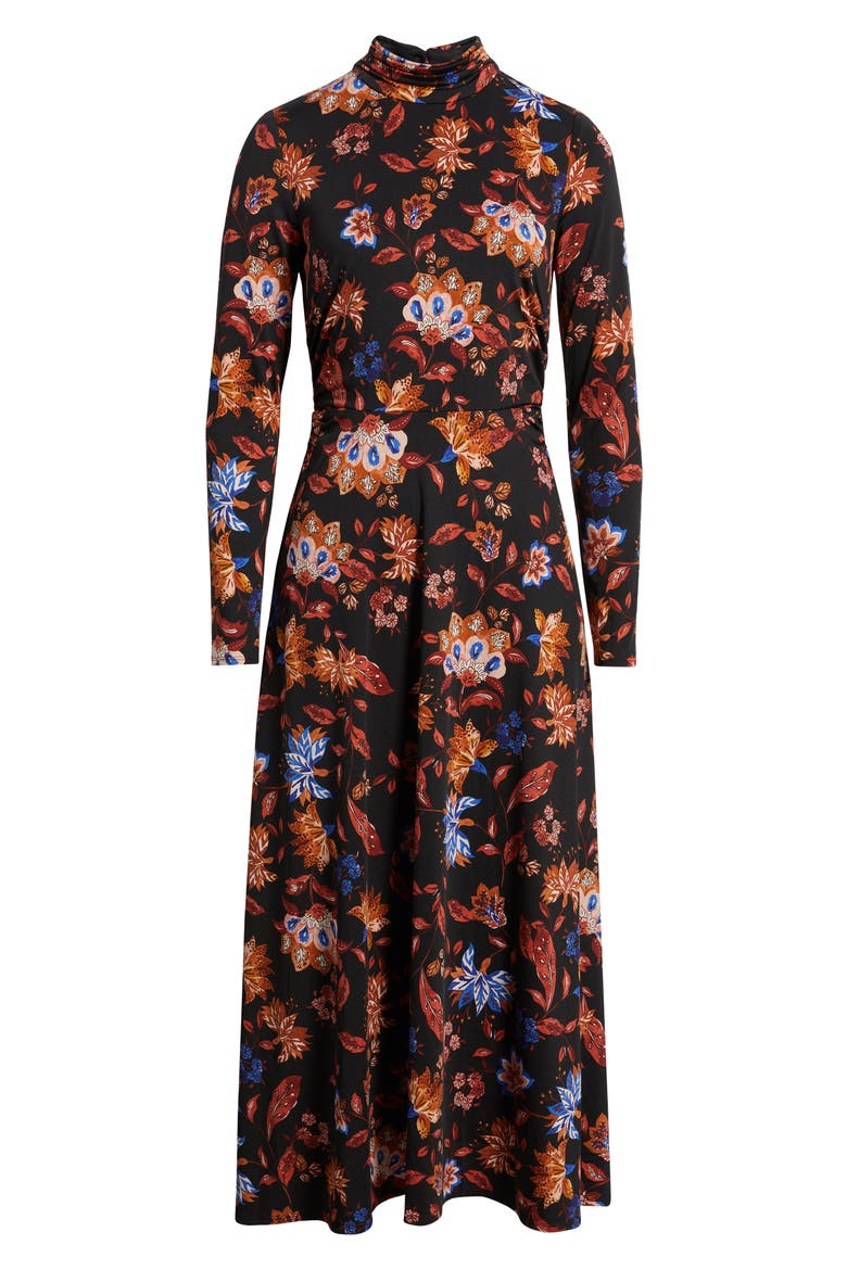Floral Mock Neck Long Sleeve Midi Dress, Alternate, color, BLACK MULTI
