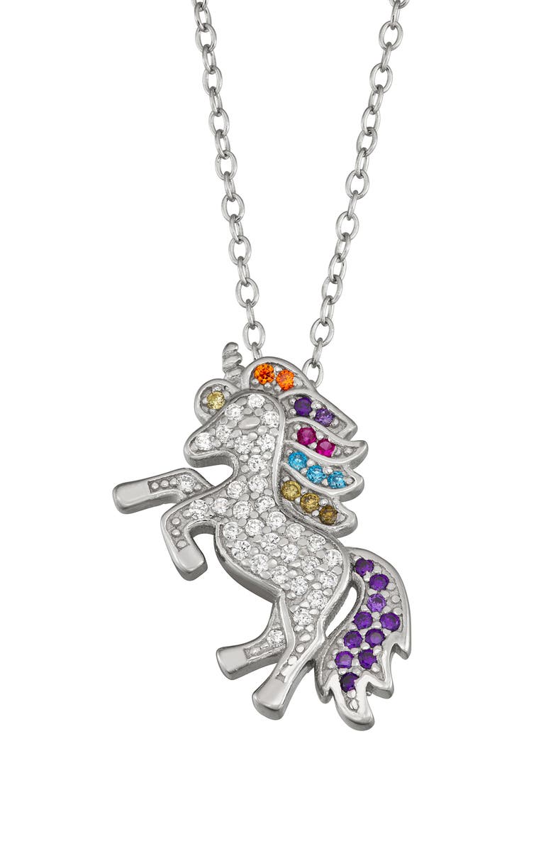 FZN Kids' Sterling Silver CZ Unicorn Pendant Necklace, Main, color, White