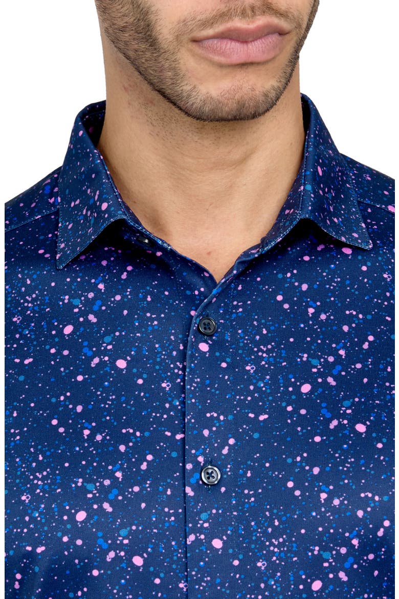 Regular Fit Paint Splatter Print Recycled Performance Golf Button-Down Shirt, Alternate, color, NAVY