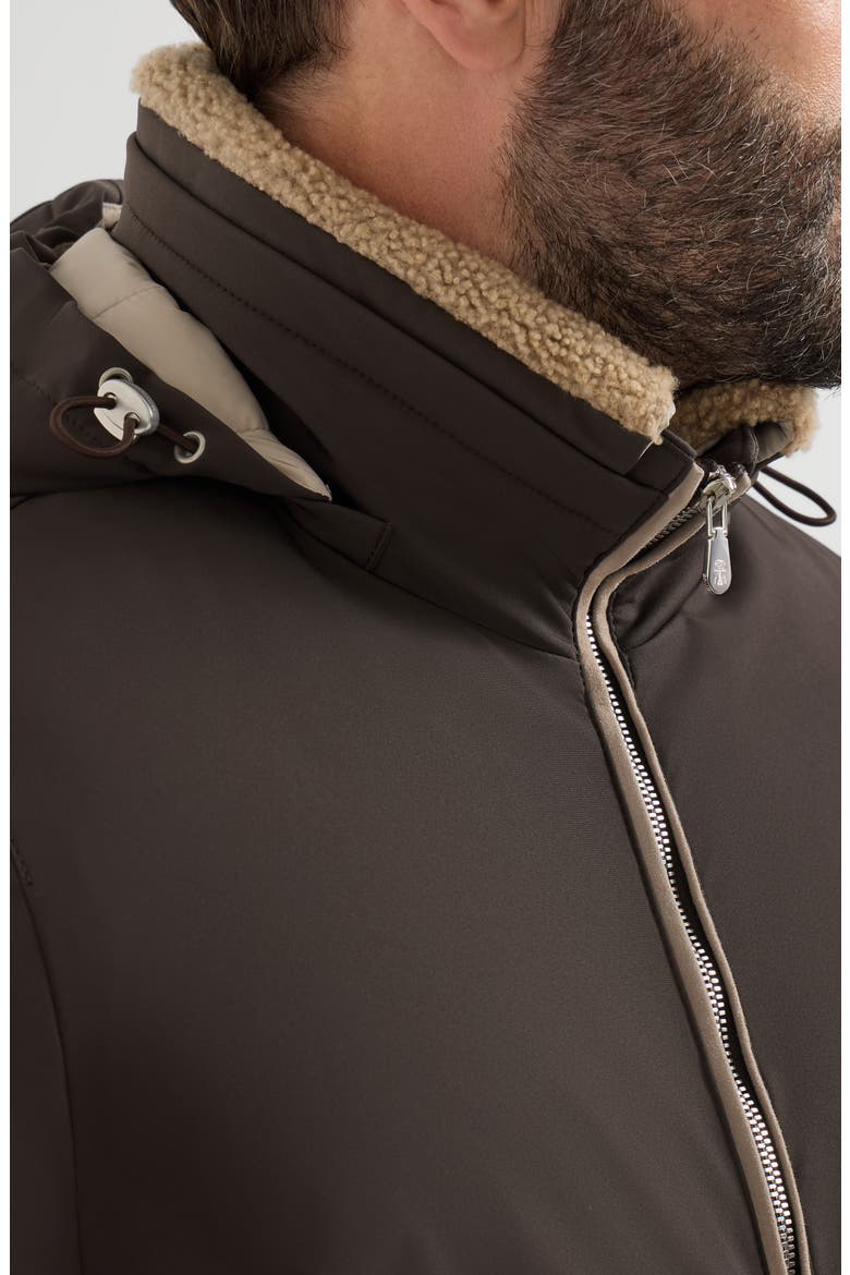 Stretch bonded nylon down jacket with detachable hood, Alternate, color, Brown