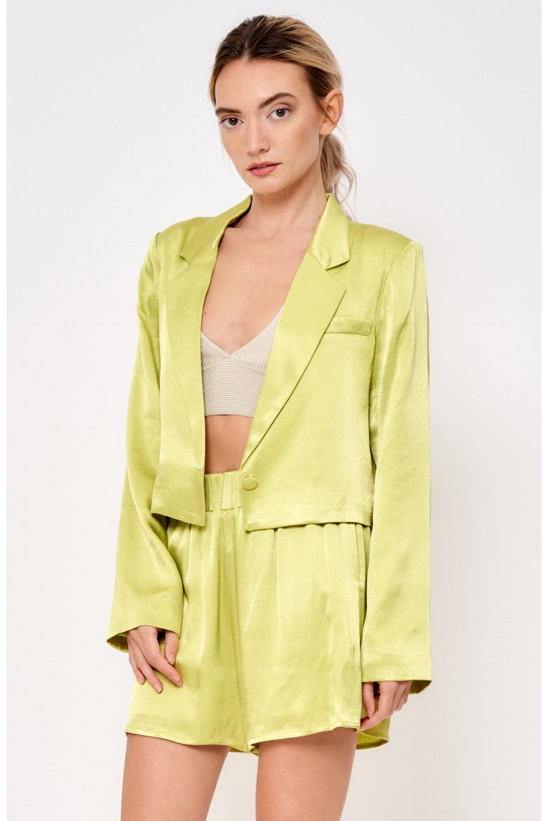 Astella Satin Cropped Blazer, Alternate, color, LIME GREEN
