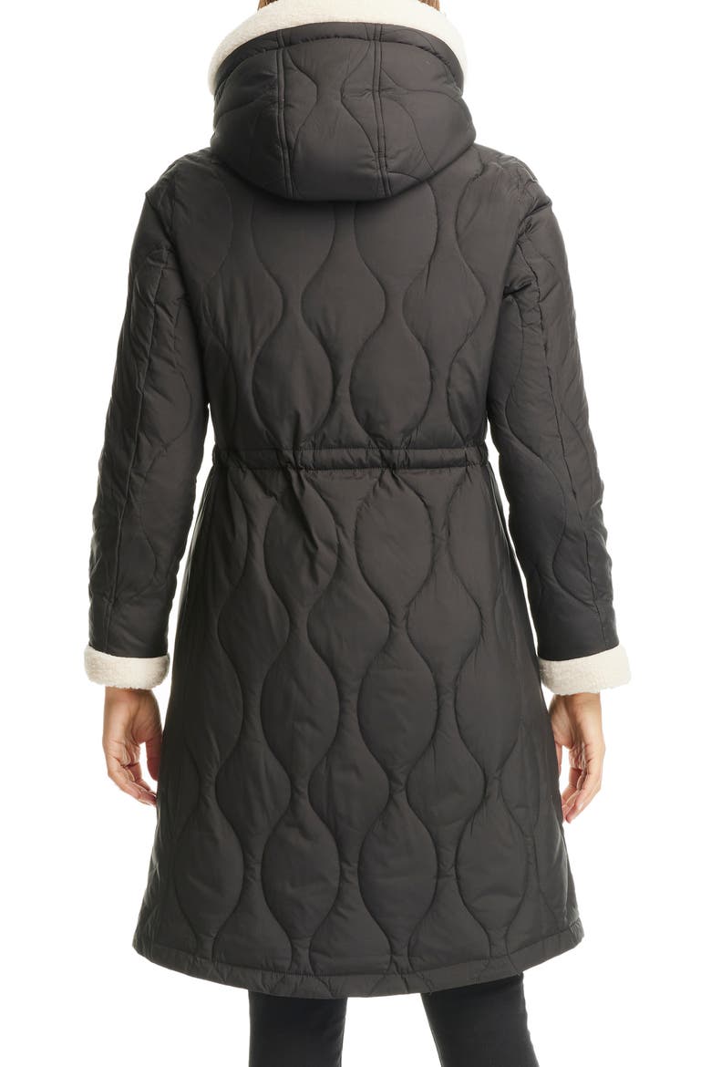 Faux Shearling Trim Down & Feather Fill Coat, Alternate, color, BLACK