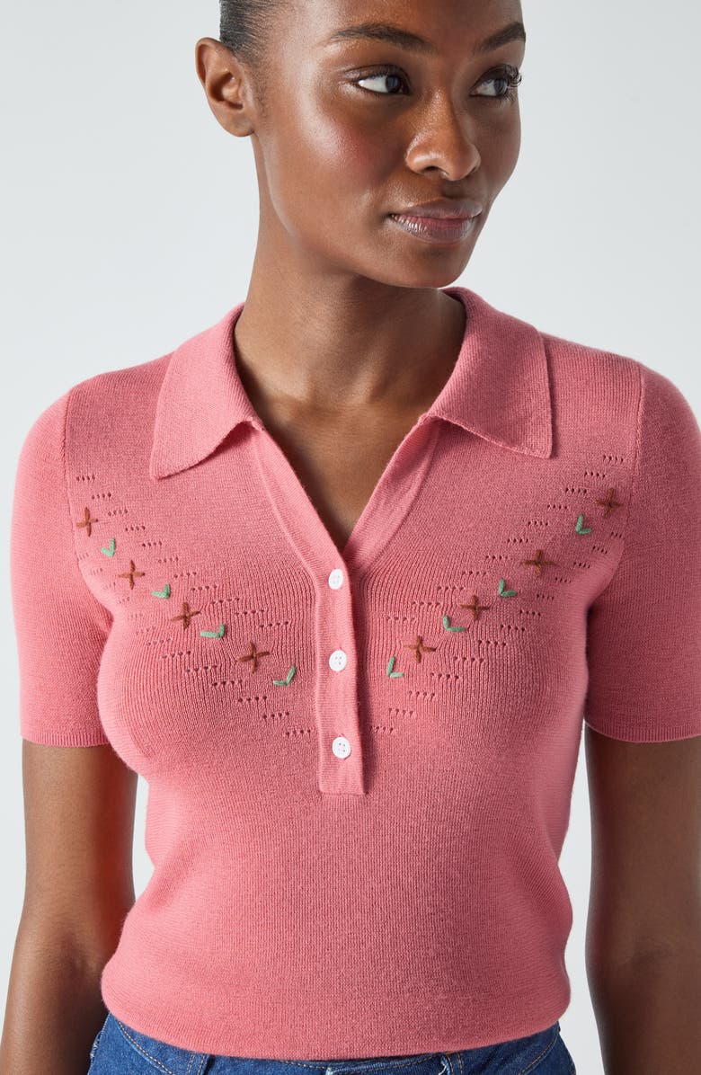 LK Bennett Fiona Embroidered Pointelle Cotton & Wool Polo Sweater, Alternate, color, 