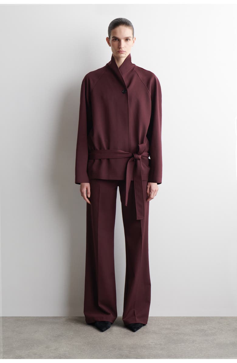 COS Belted Wool-Blend Shawl-Collar Jacket, Main, color, Burgundy