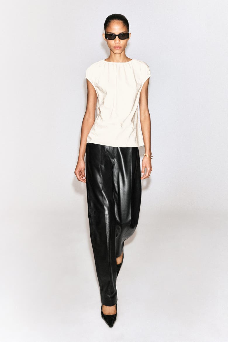 Gathered Crinkled-Satin Top, Alternate, color, IVORY