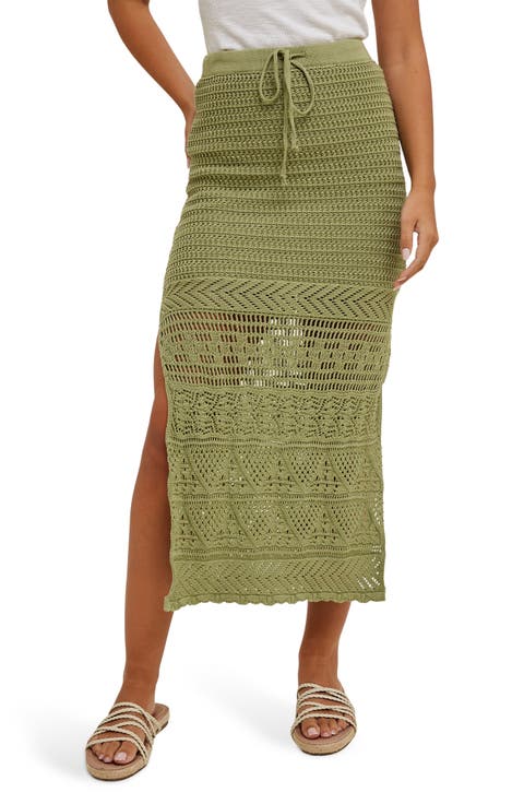 Open Stitch Drawstring Cotton Midi Skirt