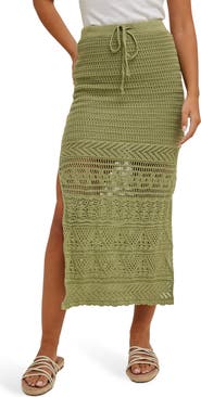 WISHLIST Open Stitch Drawstring Cotton Midi Skirt