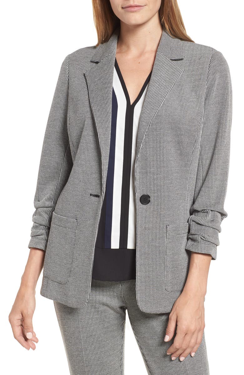 Vince Camuto Ruched Sleeve Mini Houndstooth Jacket, Main, color,