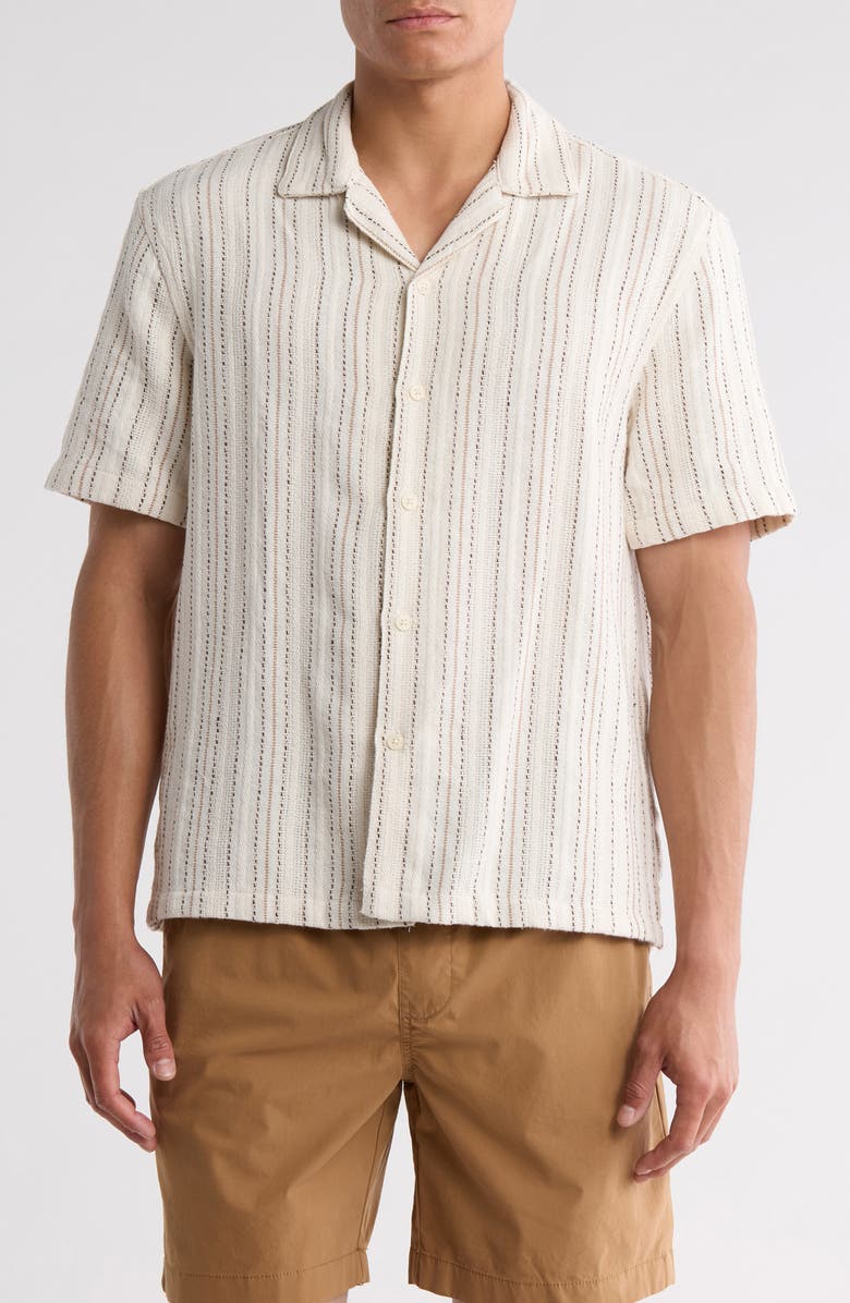 DENIM AND FLOWER Relaxed Fit Stripe Textured Camp Shirt, Main, color, Sand With Black/Khaki Stripe
