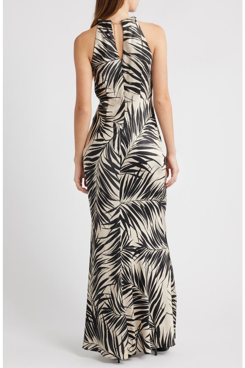 Bead Detail Palm Print Satin Sheath Gown, Alternate, color, BLACK