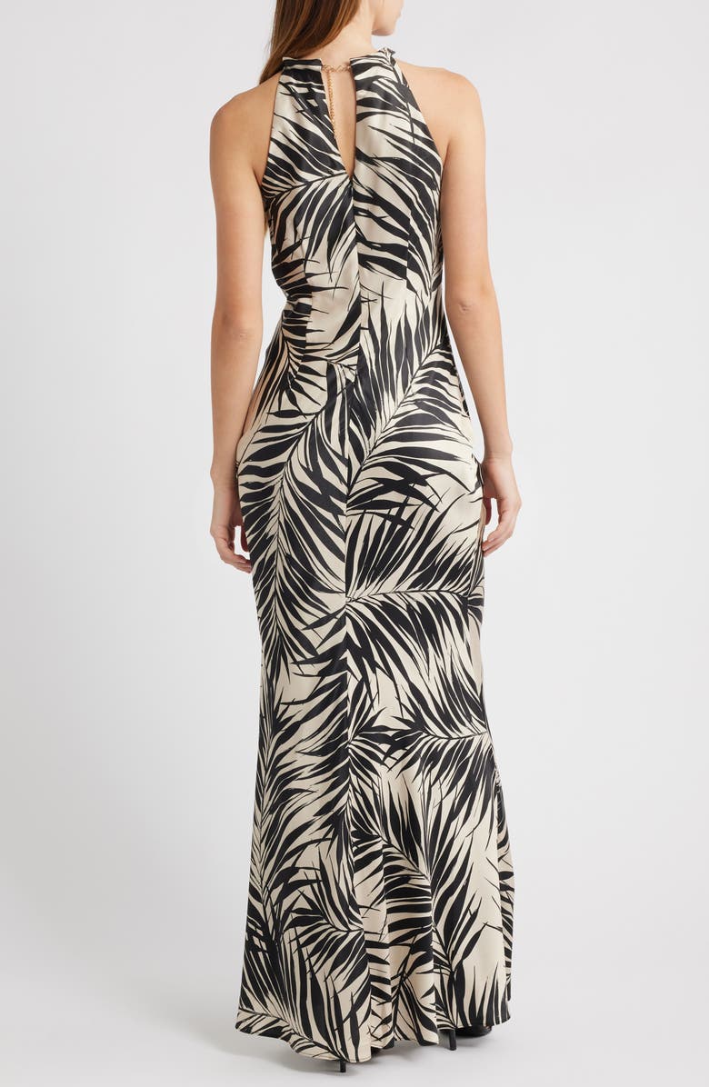 Vince Camuto Bead Detail Palm Print Satin Sheath Gown, Alternate, color, Black