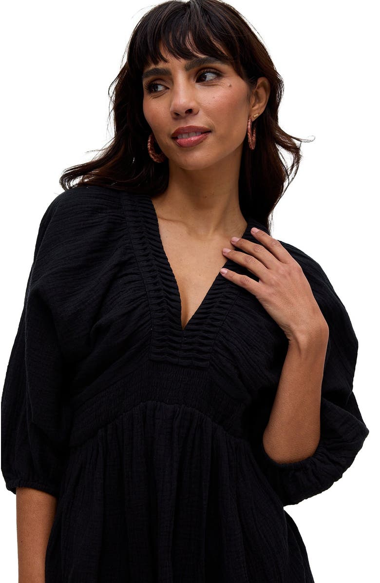 Raffya Soipoi Ruched V-Neck Midi Dress, Alternate, color, Black