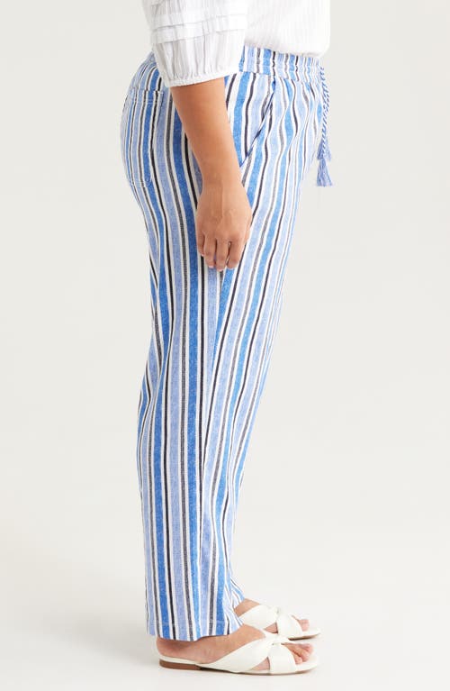 Liverpool Los Angeles Stripe Linen Blend Drawstring Wide Leg Pants In White Blue Milti Stripe