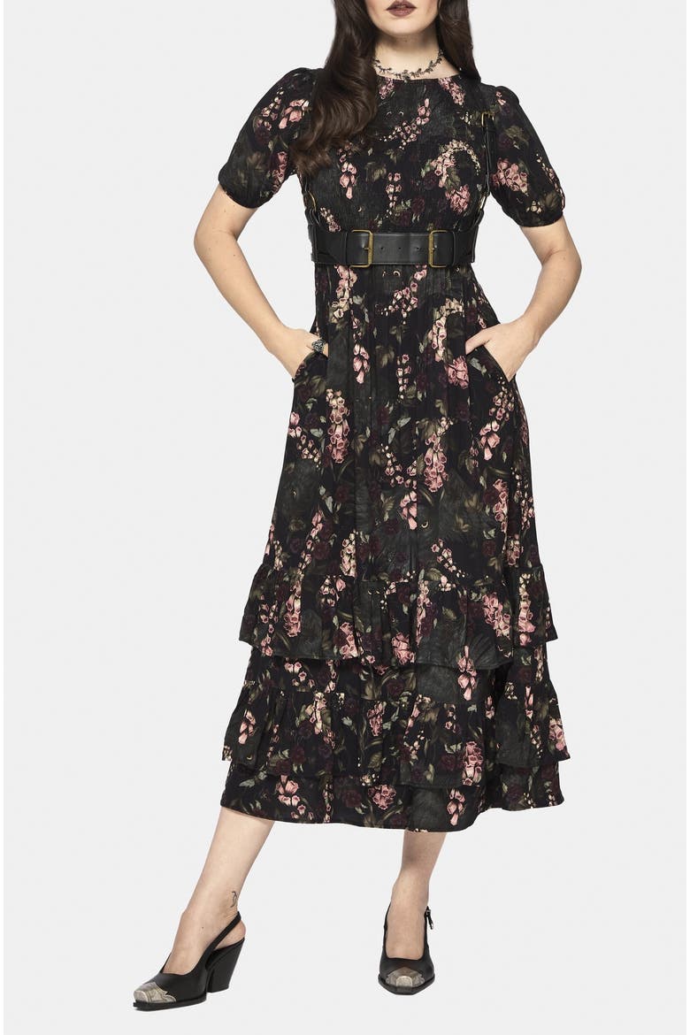 Noctua Owl Foxglove Tiered Midaxi Dress, Main, color, Black