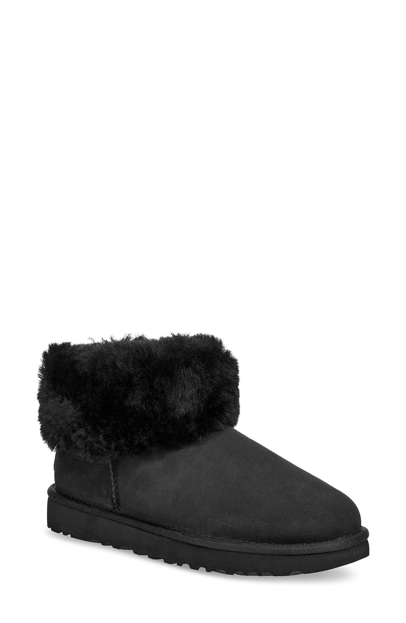 UGG Classic Mini Fluff Genuine Shearling Bootie, Main, color, BLACK