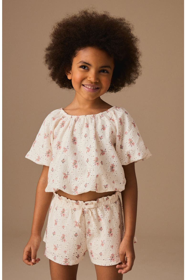 Kids' Ditsy Floral Cotton Puff Sleeve Top & Shorts Set, Alternate, color, NEUTRAL