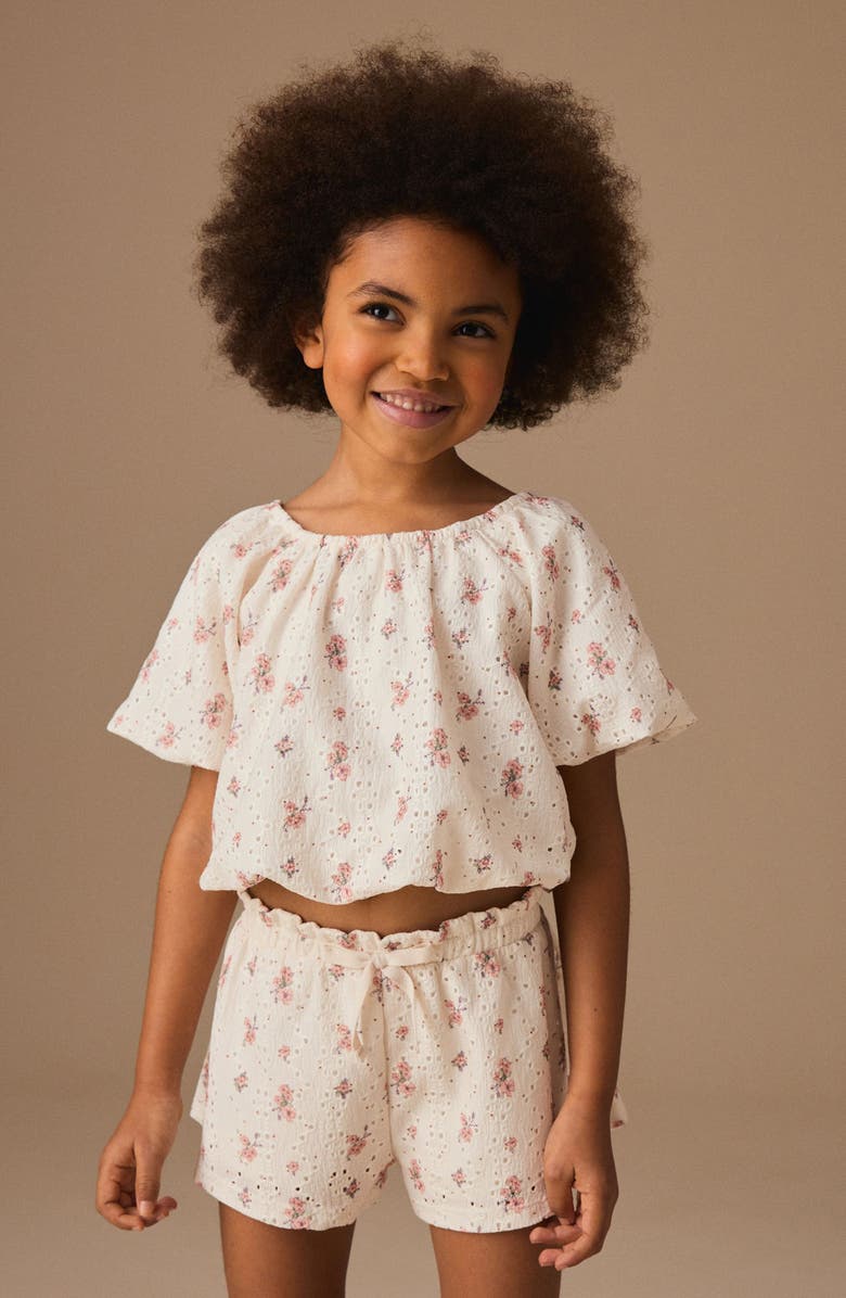 NEXT Kids' Ditsy Floral Cotton Puff Sleeve Top & Shorts Set, Alternate, color, Neutral