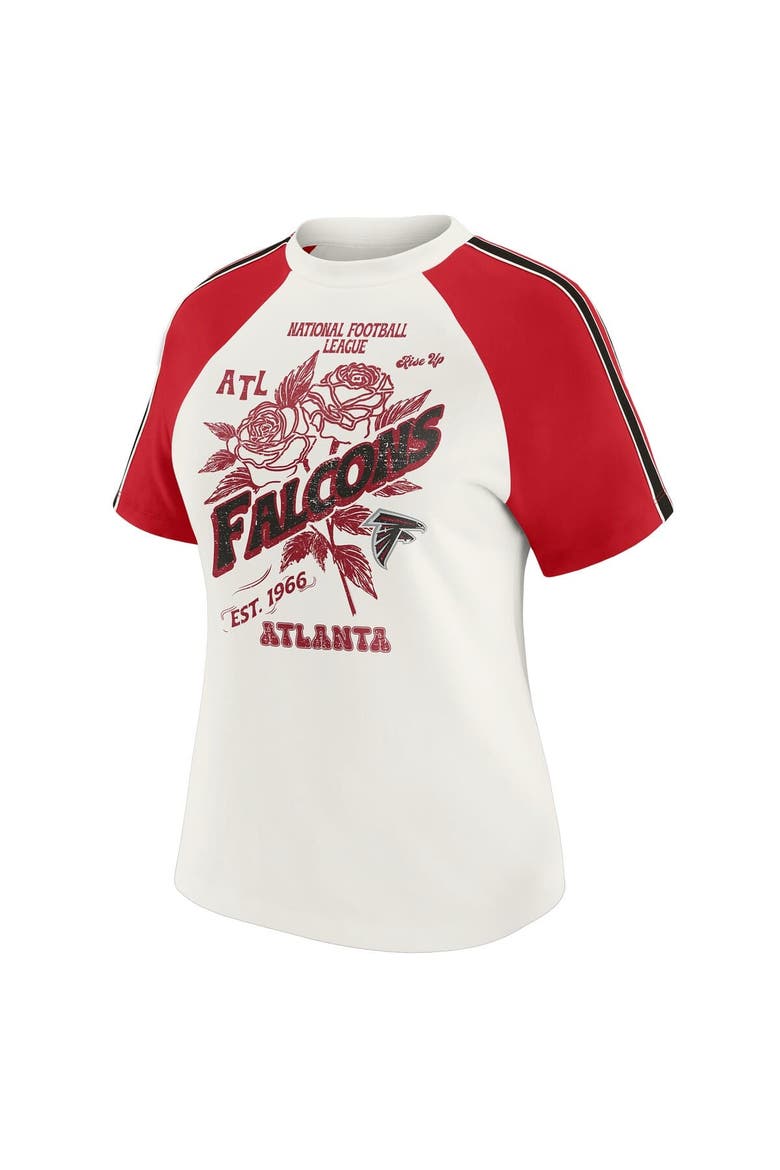 Women's WEAR by Erin Andrews White Atlanta Falcons Sleeve Stripe Distressed Raglan T-Shirt, Alternate, color, White