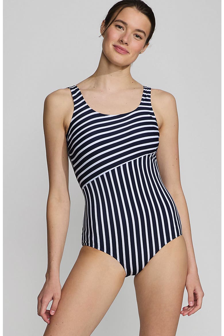 Tugless Low Leg One Piece Swimsuit, Main, color, Deep Sea/White Media Stripe