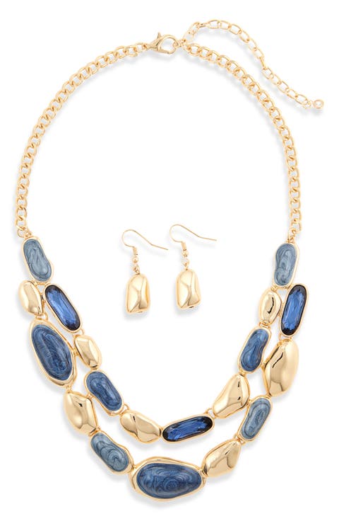 Pebble Link Collar Necklace & Earrings Set