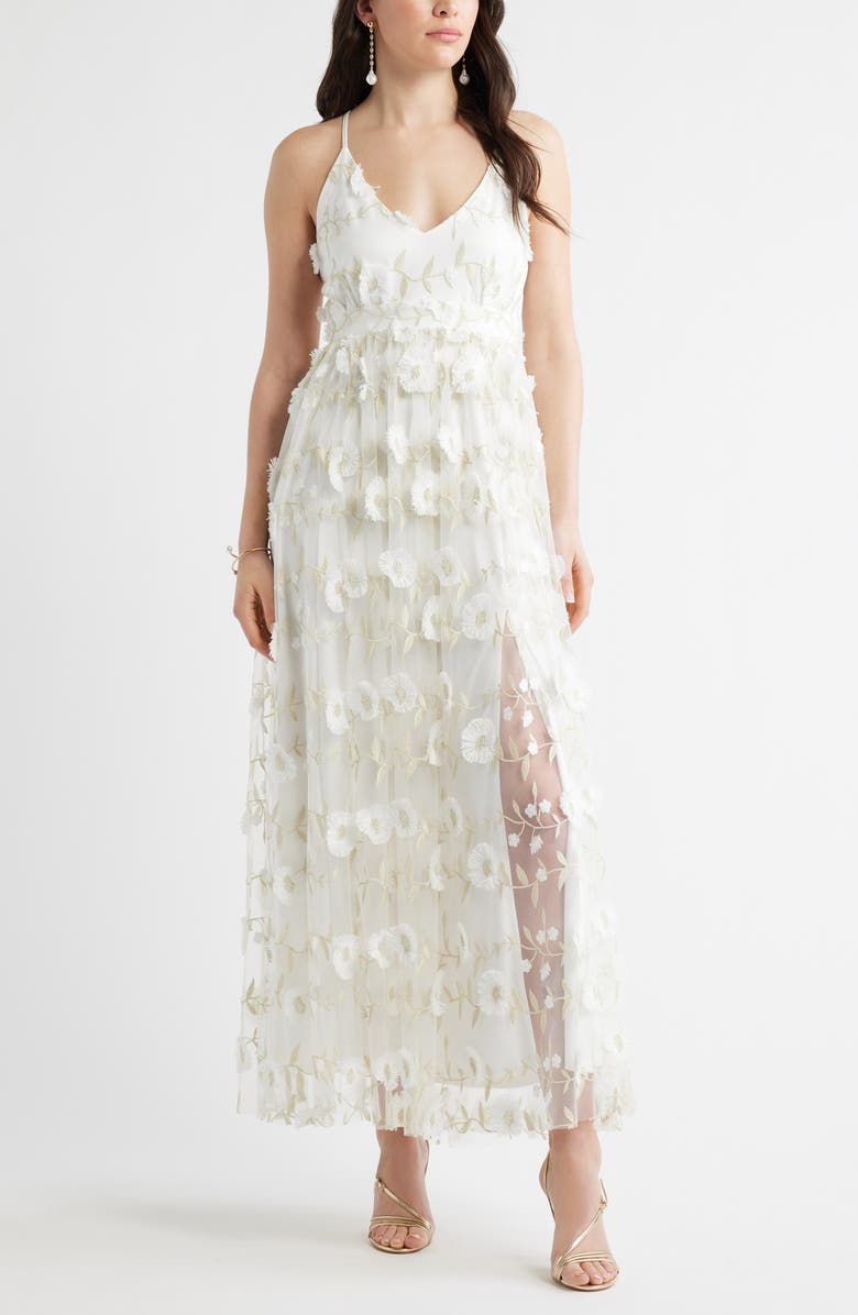 Chelsea28 3-D Metallic Floral Gown, Main, color, Ivory