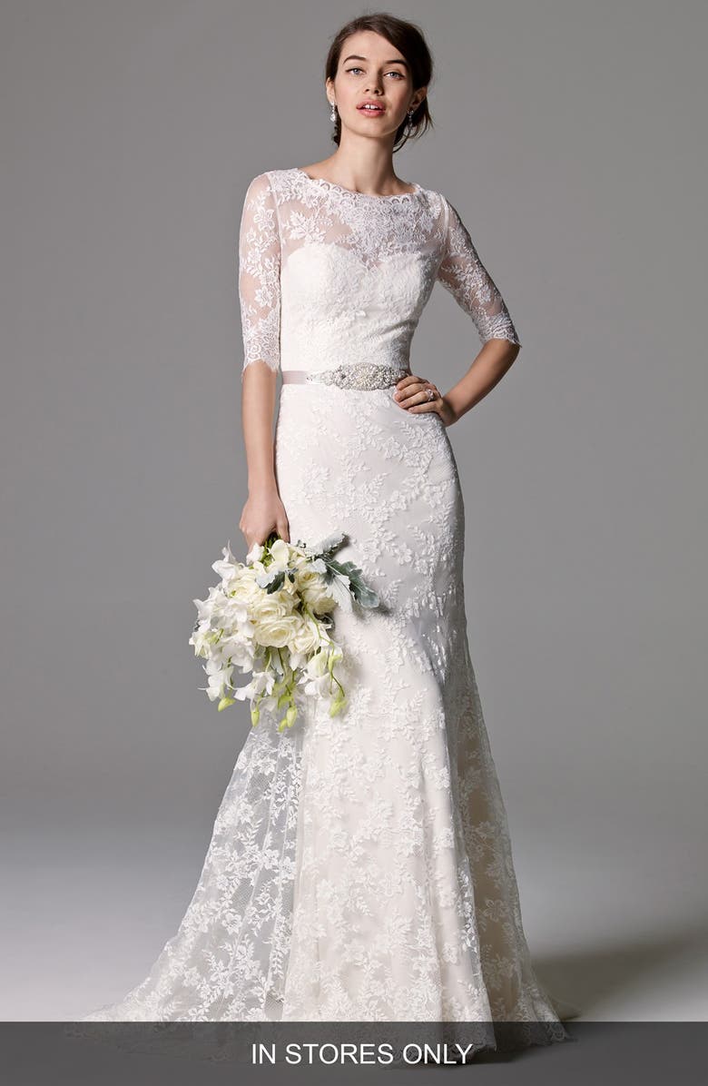 Watters Riviera Illusion Bodice Lace Gown, Main, color,