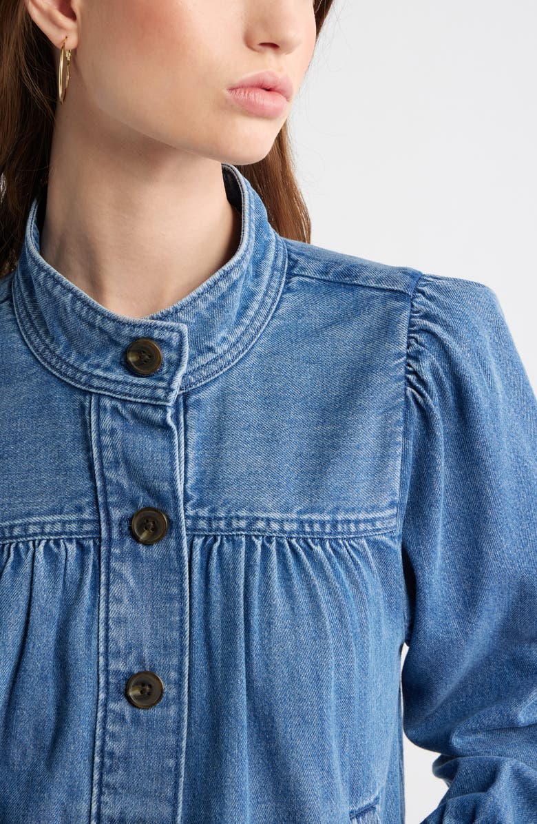 Treasure & Bond Gathered High Neck Denim Jacket, Alternate, color, Medium Wash
