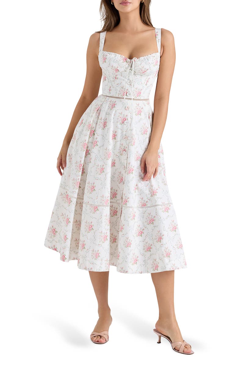 HOUSE OF CB Chiarina Floral Print Midi Dress, Main, color, Cream Rose