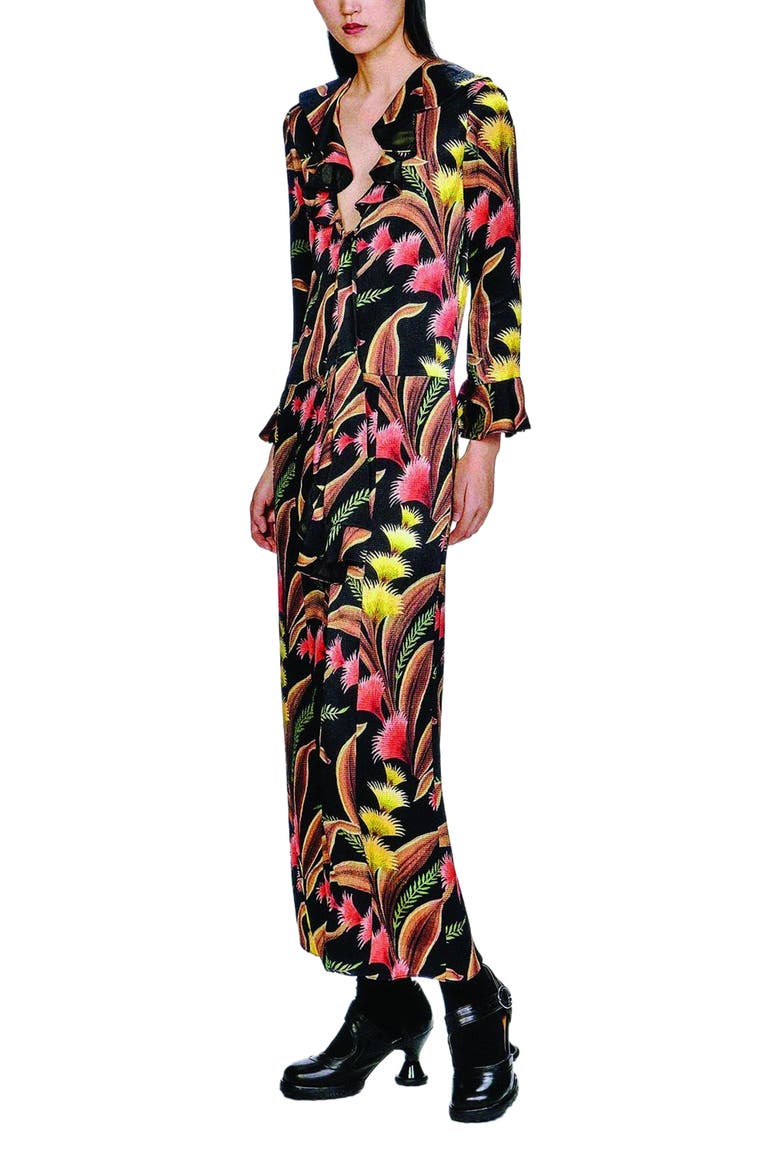Feather Fern Ruffle Tie Dress, Alternate, color, Black Multi