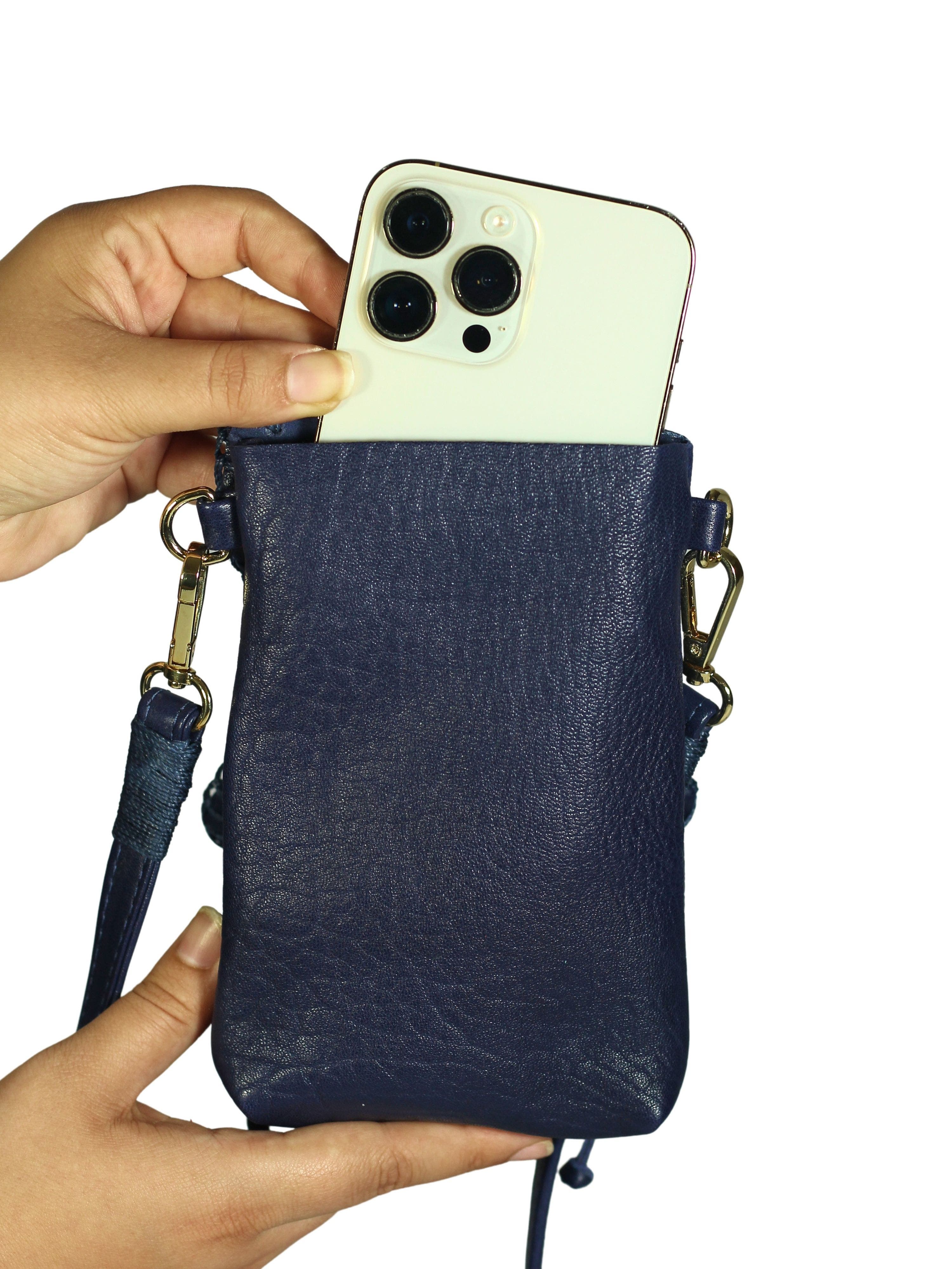 Carlos Falchi Cell Phone Butterly Lambskin Leather Bag, Alternate, color, Navy