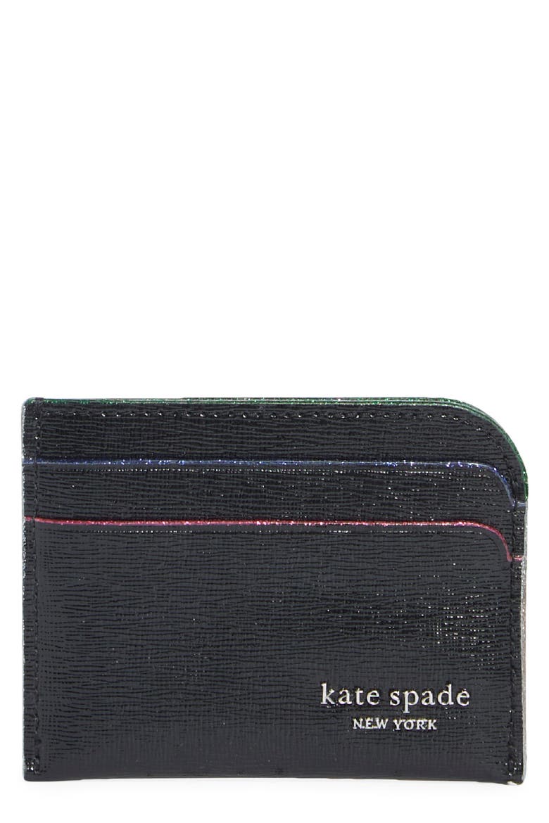 Devin Glitter Edged Shiny Saffiano Leather Card Case, Main, color, BLACK MULTI