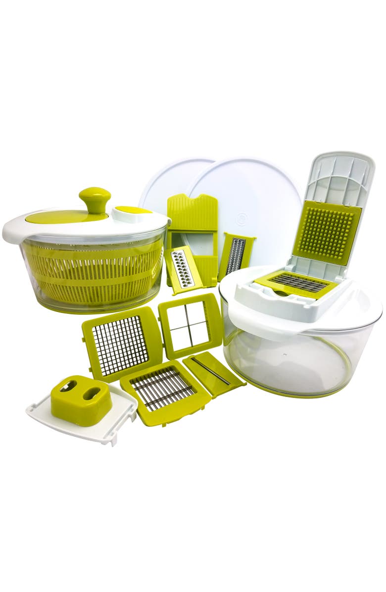Megachef 10-in-1 Multi-Use Salad Spinning Slicer, Dicer and Chopper with Interchangeable Blades and Storage Lids, Main, color, Green