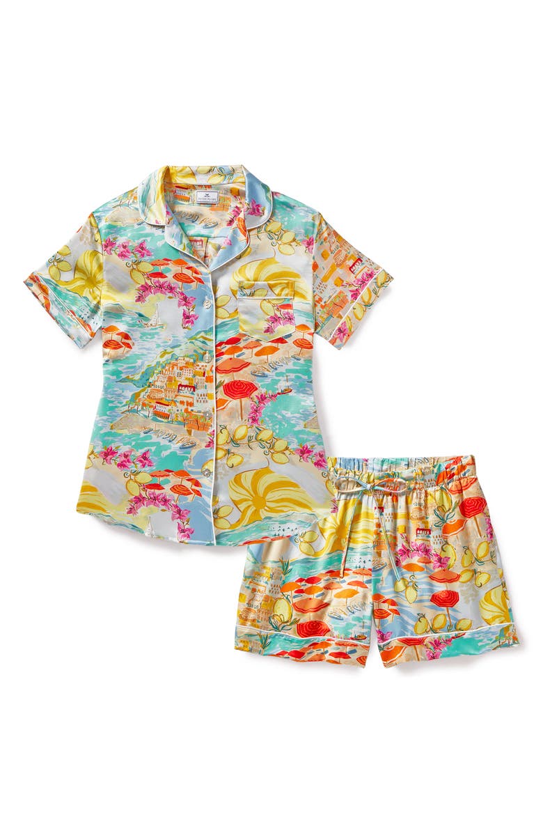 Petite Plume Piped Beach Print Mulberry Silk Short Pajamas, Alternate, color, 