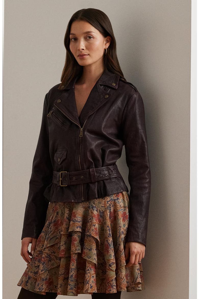 Belted Burnished Leather Jacket, Alternate, color, PINOT NOIR